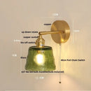 GobekUsa Clear Glass LED Wall Sconce with Pull Chain Switch, Brass E27, Bedroom Reading Light