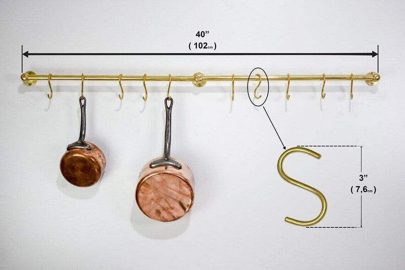 Brass Pot Rail With Hooks, Unlacquered Brass Kitchen Pot Rack, Pot Hangers