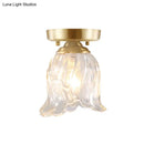 GobekUsa Brass 1-Light Semi Flush Mount with Clear Ripple/Fluted Glass Cone/Flower Design for Living Room Ceiling