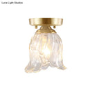 GobekUsa Brass 1-Light Semi Flush Mount with Clear Ripple/Fluted Glass Cone/Flower Design for Living Room Ceiling