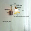 GobekUsa Brass Walnut Wood LED Wall Sconce with Pull Chain Switch & Flower Glass