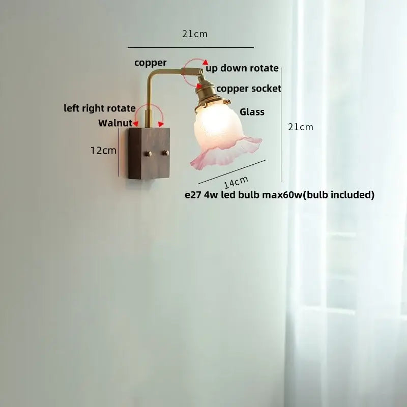 GobekUsa Brass Walnut Wood LED Wall Sconce with Pull Chain Switch & Flower Glass, photo 19 of 22