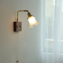 GobekUsa Brass Walnut Wood LED Wall Sconce with Pull Chain Switch & Flower Glass