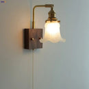 GobekUsa Brass Walnut Wood LED Wall Sconce with Pull Chain Switch & Flower Glass