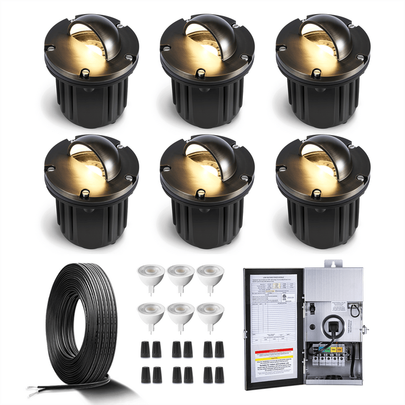 Gardenreet Brass Low Voltage Landscape Lighting Kit (4/6Pack Well Lights) 12V LED with Low Voltage Transformer,  Mechanical Timer, Wire, Connectors  Use 5W 450LM 2700K LED MR16 Bulb for Outdoor House Yard Patio Pathway Lighting