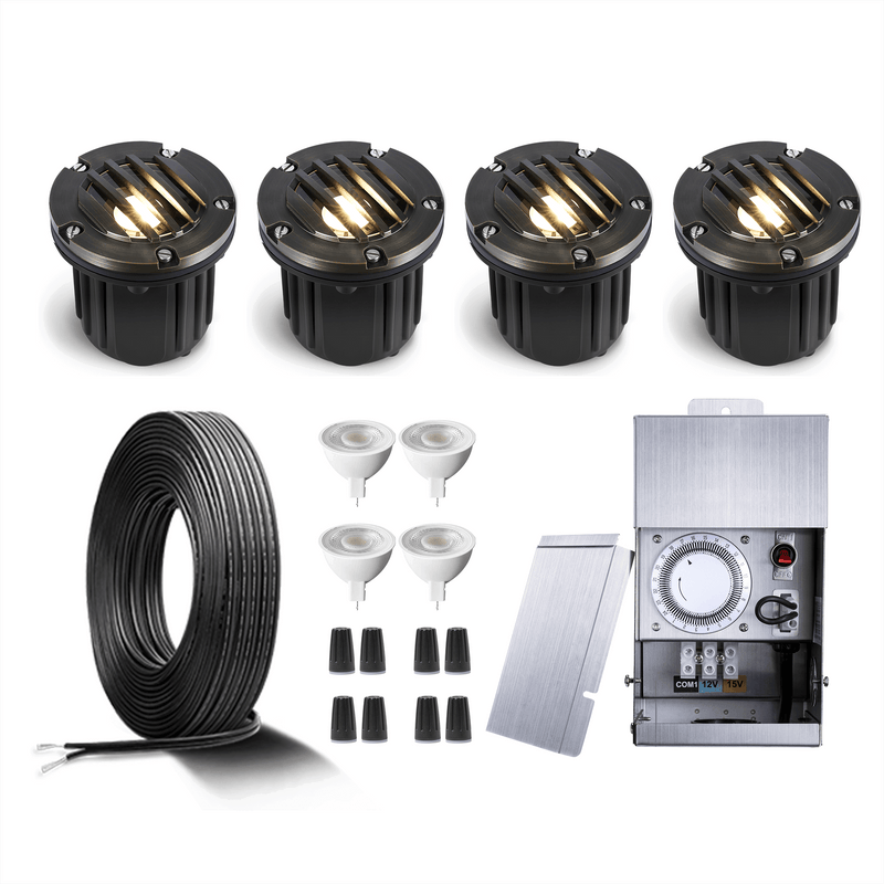 Gardenreet Brass Low Voltage Landscape Lighting Kit (4/6Pack Well Lights) 12V LED with Low Voltage Transformer,  Mechanical Timer, Wire, Connectors  Use 5W 450LM 2700K LED MR16 Bulb for Outdoor House Yard Patio Pathway Lighting