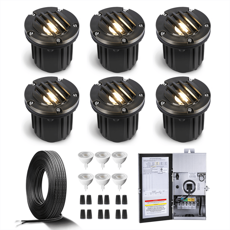 Gardenreet Brass Low Voltage Landscape Lighting Kit (4/6Pack Well Lights) 12V LED with Low Voltage Transformer,  Mechanical Timer, Wire, Connectors  Use 5W 450LM 2700K LED MR16 Bulb for Outdoor House Yard Patio Pathway Lighting