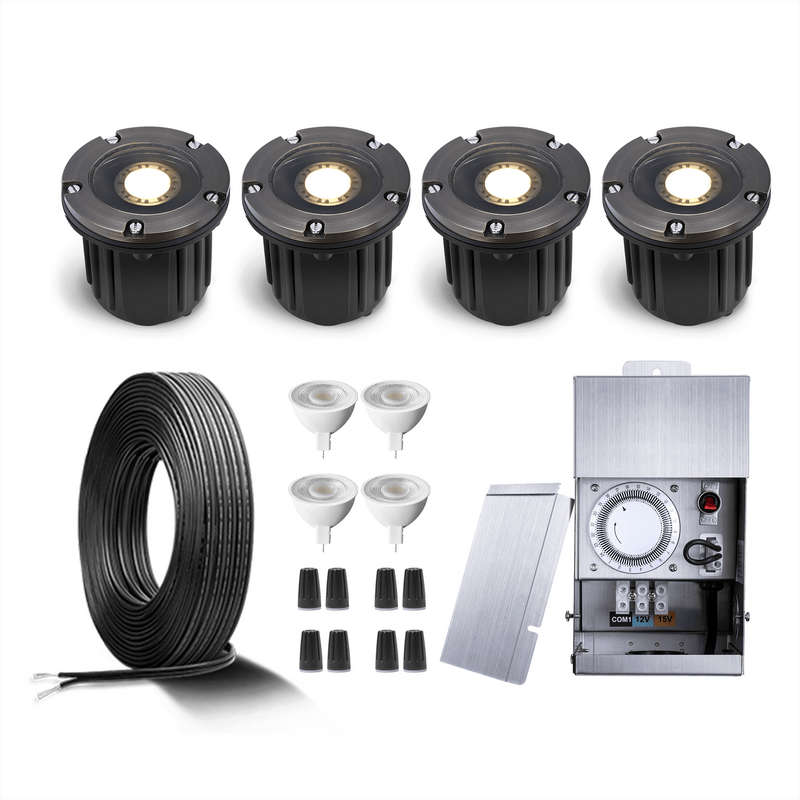Gardenreet Brass Low Voltage Landscape Lighting Kit (4/6Pack Well Lights) 12V LED with Low Voltage Transformer,  Mechanical Timer, Wire, Connectors  Use 5W 450LM 2700K LED MR16 Bulb for Outdoor House Yard Patio Pathway Lighting