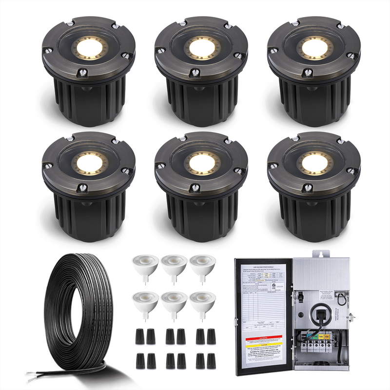 Gardenreet Brass Low Voltage Landscape Lighting Kit (4/6Pack Well Lights) 12V LED with Low Voltage Transformer,  Mechanical Timer, Wire, Connectors  Use 5W 450LM 2700K LED MR16 Bulb for Outdoor House Yard Patio Pathway Lighting
