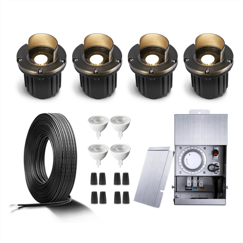 Gardenreet Brass Low Voltage Landscape Lighting Kit (4/6Pack Well Lights) 12V LED with Low Voltage Transformer,  Mechanical Timer, Wire, Connectors  Use 5W 450LM 2700K LED MR16 Bulb for Outdoor House Yard Patio Pathway Lighting