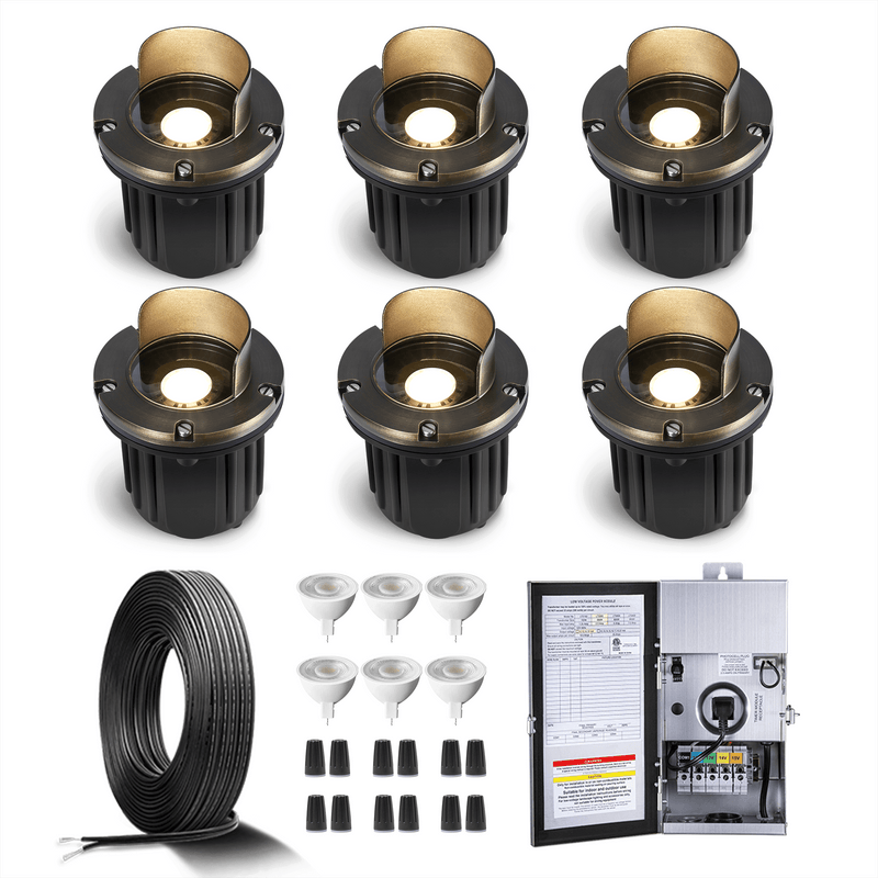 Gardenreet Brass Low Voltage Landscape Lighting Kit (4/6Pack Well Lights) 12V LED with Low Voltage Transformer,  Mechanical Timer, Wire, Connectors  Use 5W 450LM 2700K LED MR16 Bulb for Outdoor House Yard Patio Pathway Lighting