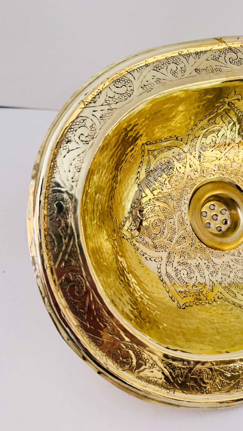 Unlacquered Brass Oval Sink - Moroccan Drop-In Engraved Sink