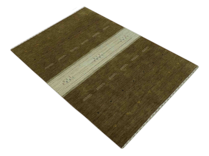 Brown and Ivory Geometrical Stripes Design Hand loom 4.6x6.6 wool Area Rug