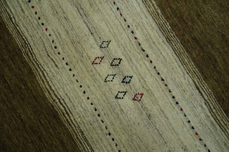 Brown and Ivory Geometrical Stripes Design Hand loom 4.6x6.6 wool Area Rug