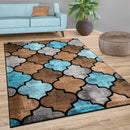 Brown Blue Area Rug for Living Room Moroccan Pattern