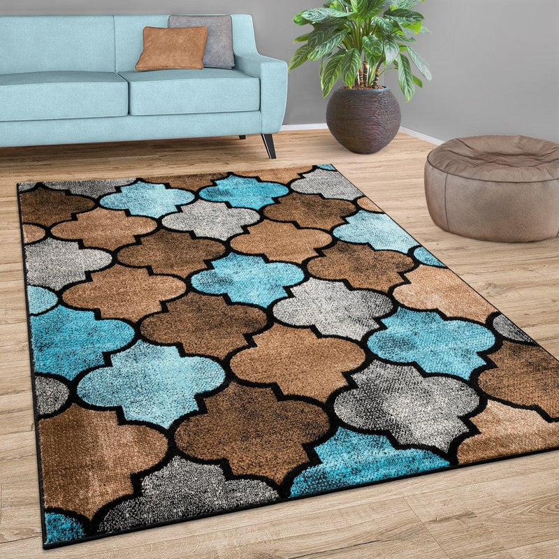 Brown Blue Area Rug for Living Room Moroccan Pattern
