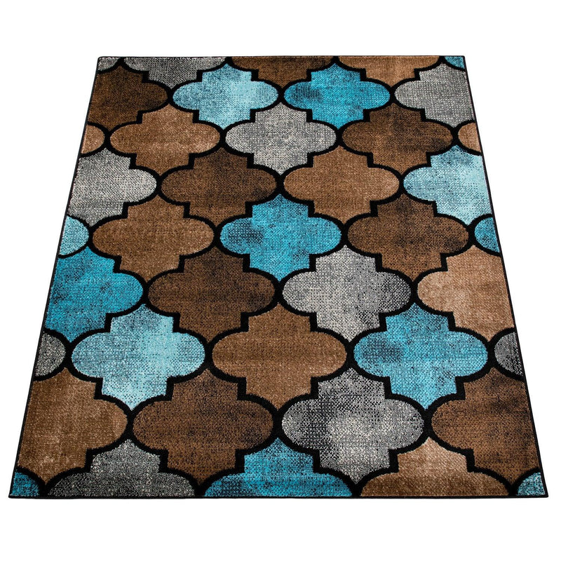 Brown Blue Area Rug for Living Room Moroccan Pattern