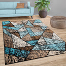 Brown Blue Area Rug Modern Geometric Pattern Low-Pile