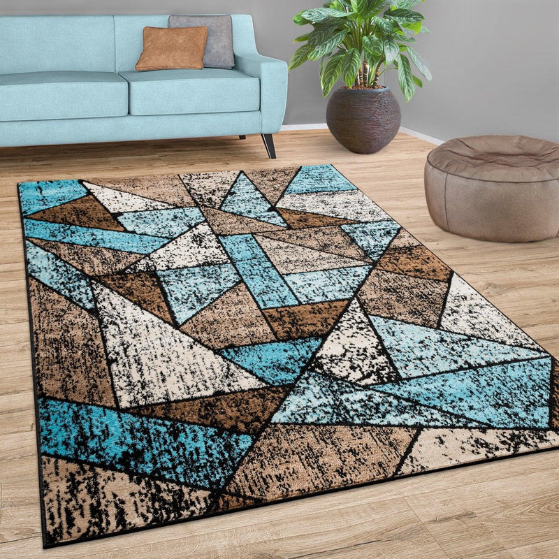 Brown Blue Area Rug Modern Geometric Pattern Low-Pile
