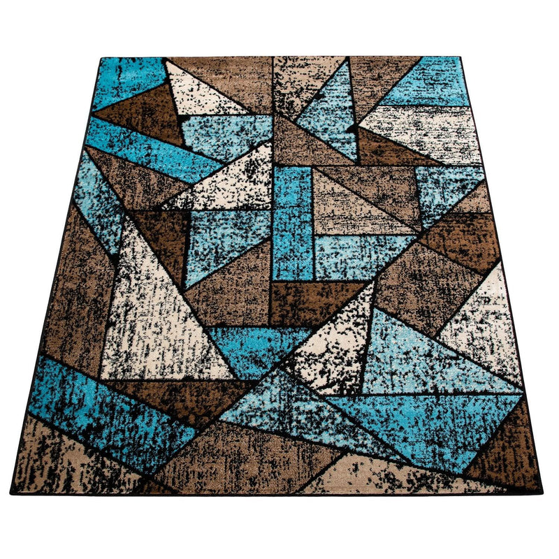 Brown Blue Area Rug Modern Geometric Pattern Low-Pile