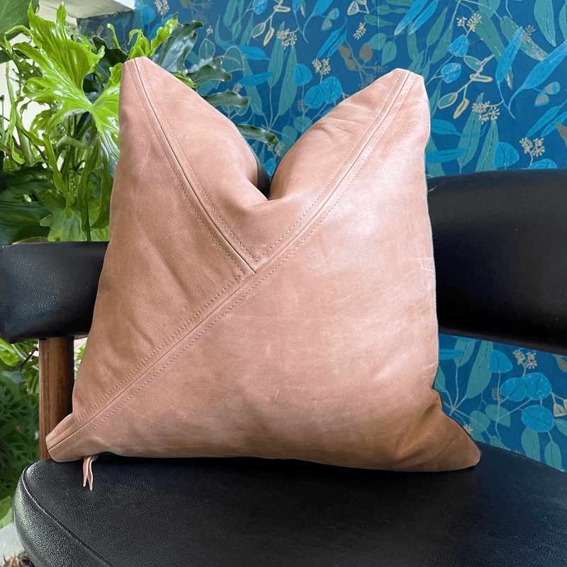 Brown Genuine Leather Pillow with Triangle Stitch Pattern