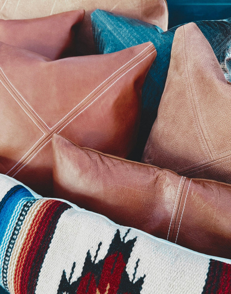 Brown Genuine Leather Pillow with Triangle Stitch Pattern