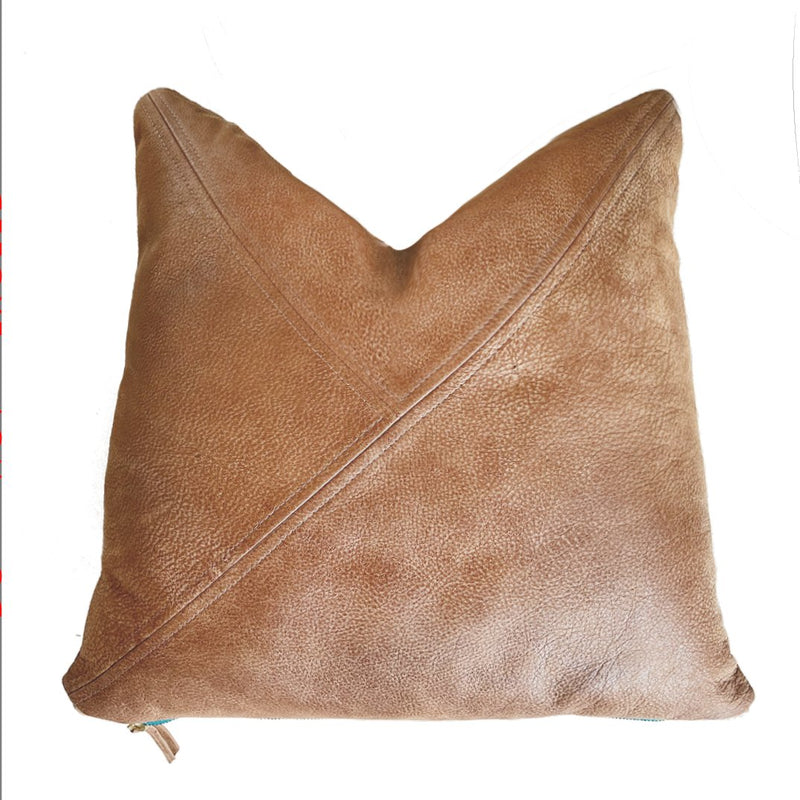 Brown Genuine Leather Pillow with Triangle Stitch Pattern