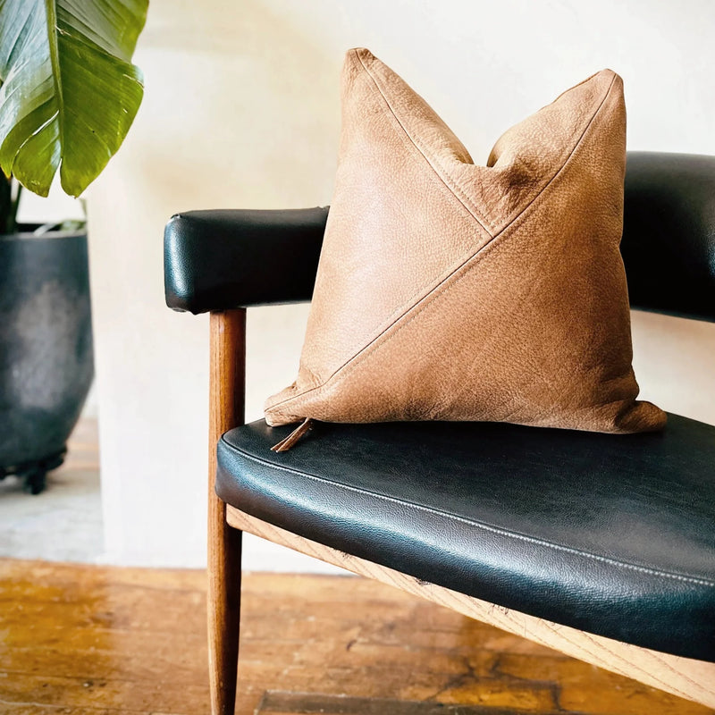 Brown Genuine Leather Pillow with Triangle Stitch Pattern