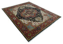 Brown, Ivory and Black Hand Knotted Antique 9x12 Traditional Heriz Serapi Wool Rug | TRDCP1343912 by The Rug Decor