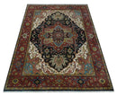 Brown, Ivory and Black Hand Knotted Antique 9x12 Traditional Heriz Serapi Wool Rug | TRDCP1343912 by The Rug Decor