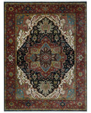 Brown, Ivory and Black Hand Knotted Antique 9x12 Traditional Heriz Serapi Wool Rug | TRDCP1343912 by The Rug Decor