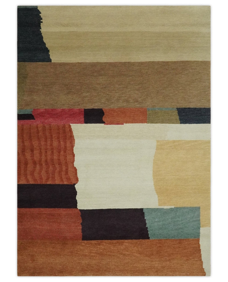 Brown, Ivory, Beige and Rust Modern Abstract Hand knotted 5X6.6 Wool Area Rug