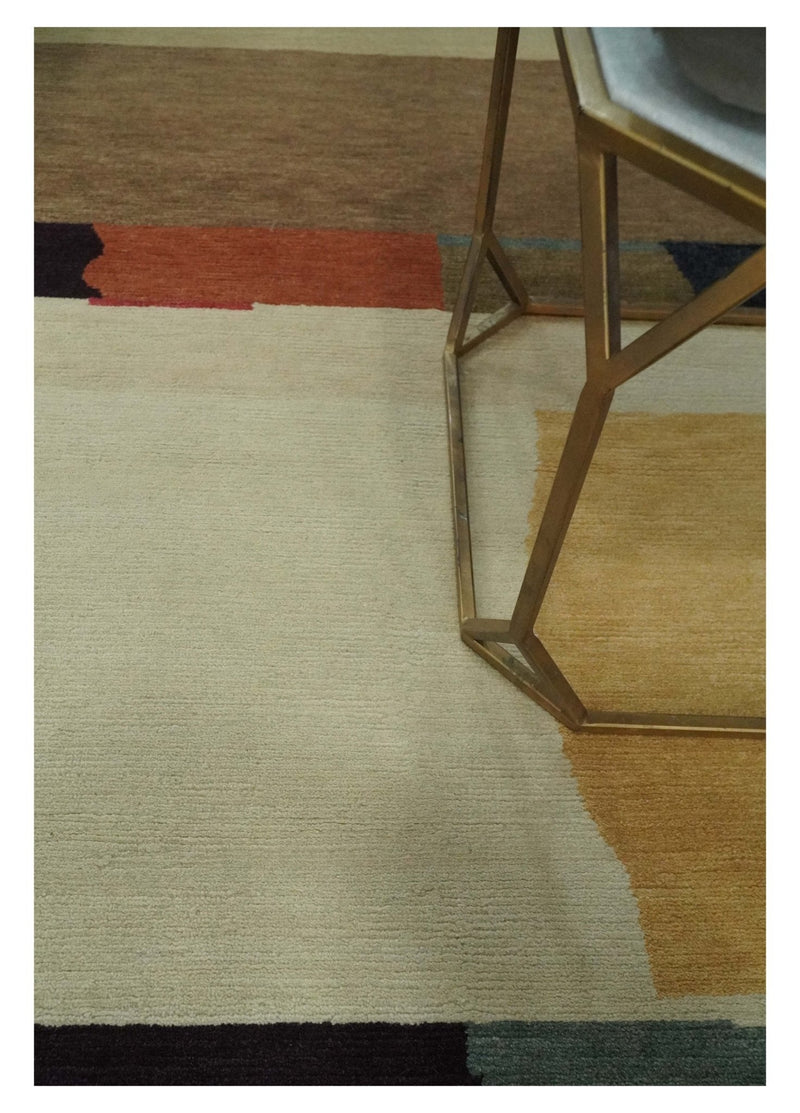Brown, Ivory, Beige and Rust Modern Abstract Hand knotted 5X6.6 Wool Area Rug
