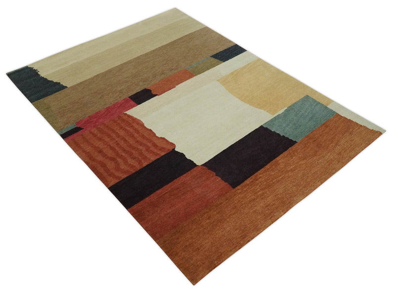 Brown, Ivory, Beige and Rust Modern Abstract Hand knotted 5X6.6 Wool Area Rug