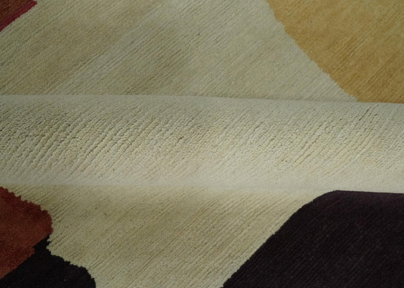Brown, Ivory, Beige and Rust Modern Abstract Hand knotted 5X6.6 Wool Area Rug