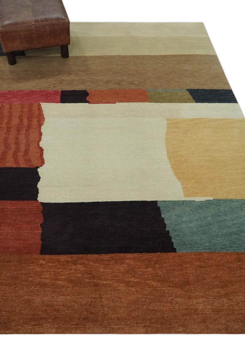Brown, Ivory, Beige and Rust Modern Abstract Hand knotted 5X6.6 Wool Area Rug