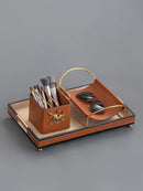 GobekUsa Brown Leather Desktop Storage Basket and Tissue Box