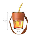 Brown leather glass coffee cup with gold straw kitchen tumbler by Decorbites