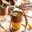 Brown leather glass coffee cup with gold straw kitchen tumbler by Decorbites