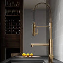 GobekUsa Brushed Gold Kitchen Faucet with Pull Down Black Spring Spout - Hot Cold Mixer