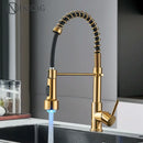 GobekUsa Brushed Gold LED Kitchen Faucet: Single Handle Pull-down Spring Sink Tap