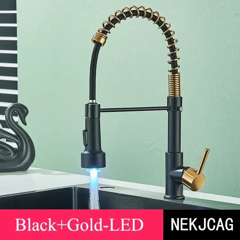 GobekUsa Brushed Gold LED Kitchen Faucet: Single Handle Pull-down Spring Sink Tap, photo 10 of 12