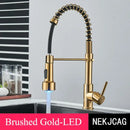 GobekUsa Brushed Gold LED Kitchen Faucet: Single Handle Pull-down Spring Sink Tap