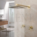 GobekUsa Brushed Gold Rainfall Shower Faucet Set with Dual Handles and Wall Mount