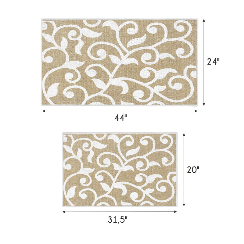 Floral Design Non Skid Washable Kitchen Runner Rugs Set of 2| 44 x 24 and 31.5 x 20 Inches Floor Mats |Beige
