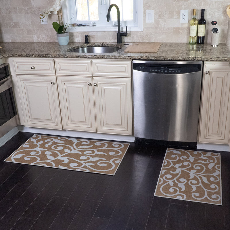 Floral Design Non Skid Washable Kitchen Runner Rugs Set of 2| 44 x 24 and 31.5 x 20 Inches Floor Mats |Beige
