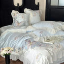 GobekUsa Butterfly Embroidery Lace Ruffles Bedding Set 100S Egyptian Cotton Duvet Cover