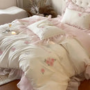 GobekUsa Butterfly Flowers Lace Ruffles 4Pcs Bedding Set: Duvet Cover, Sheet, Pillowcases