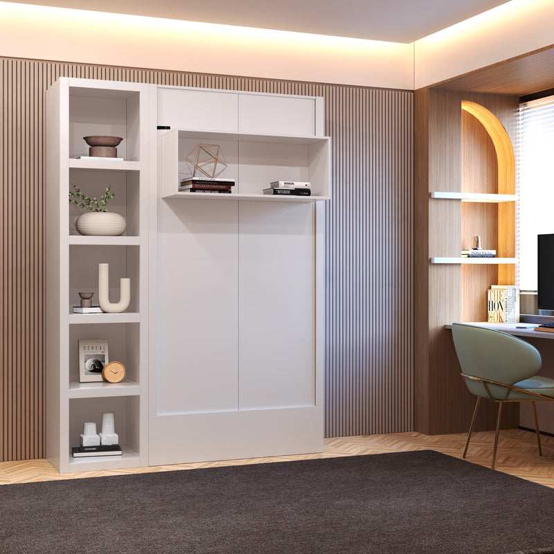 Easy-Lift Twin Murphy Wall Bed in White with Bookshelf