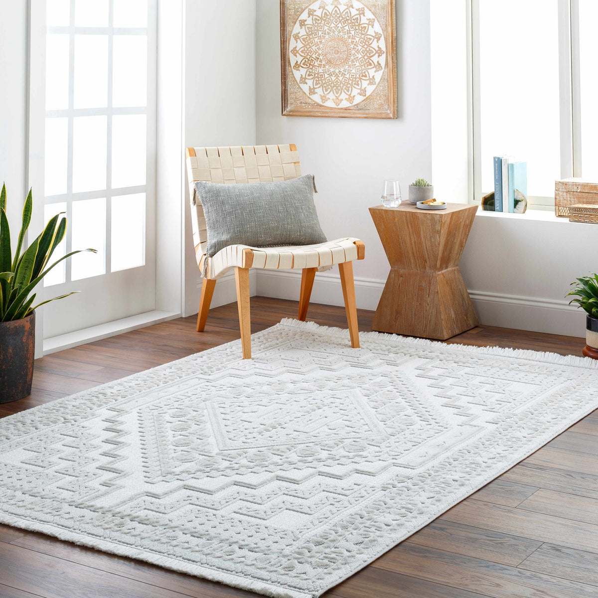 Alya White Fringe Rug, installed in a room